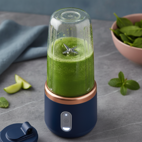 Close-up of a deep blue portable blender's 12-blade system creating a green smoothie vortex, with rose gold accents visible.
