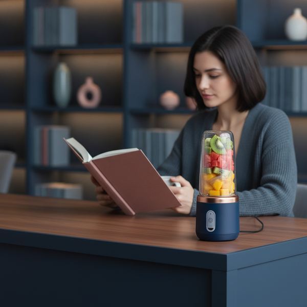 Portable Blender Electric Juicer in deep blue with rose gold accents, blending silently on a library desk while a woman reads