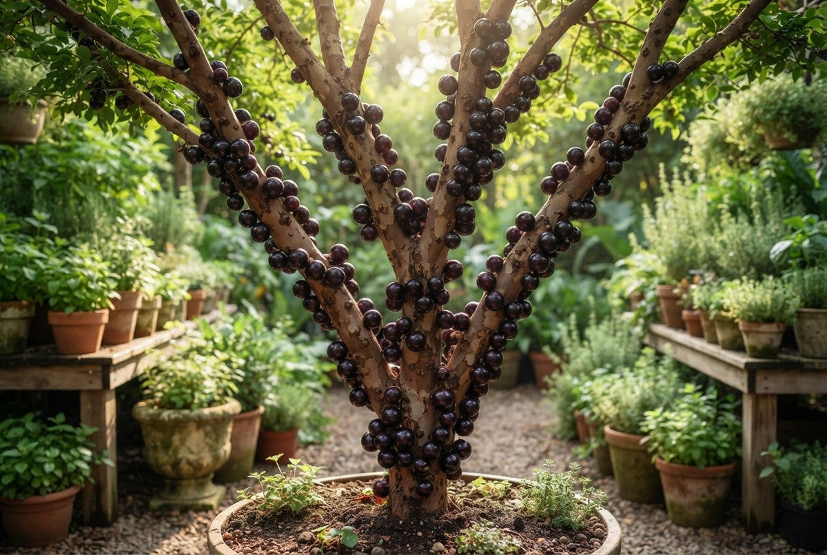 A healthy Jaboticaba fruit plant with dark purple fruit clusters on its branches, set in a sunny, lush Indian nursery.