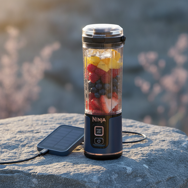 A deep blue portable blender with rose gold accents sits on a slate gray rock outdoors, connected to a solar panel charger. S