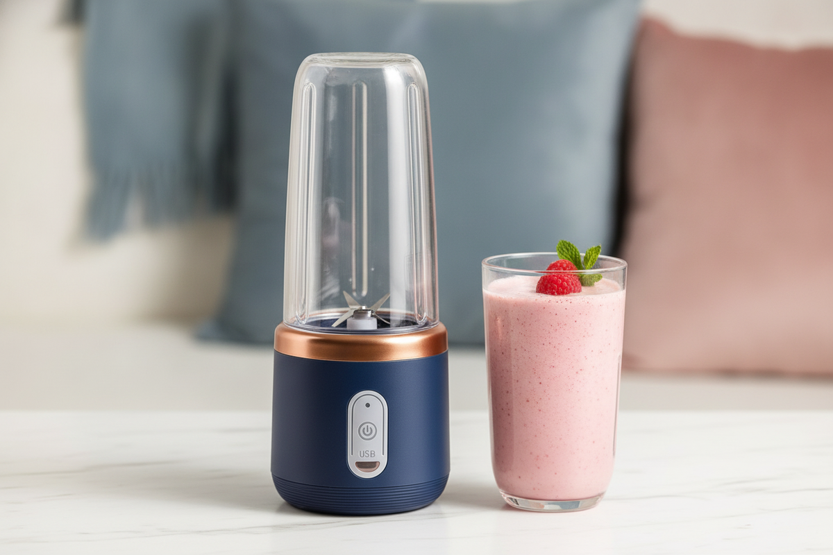 A deep blue matte portable blender with rose gold accents on an off-white surface next to a glass of rose-colored smoothie. T
