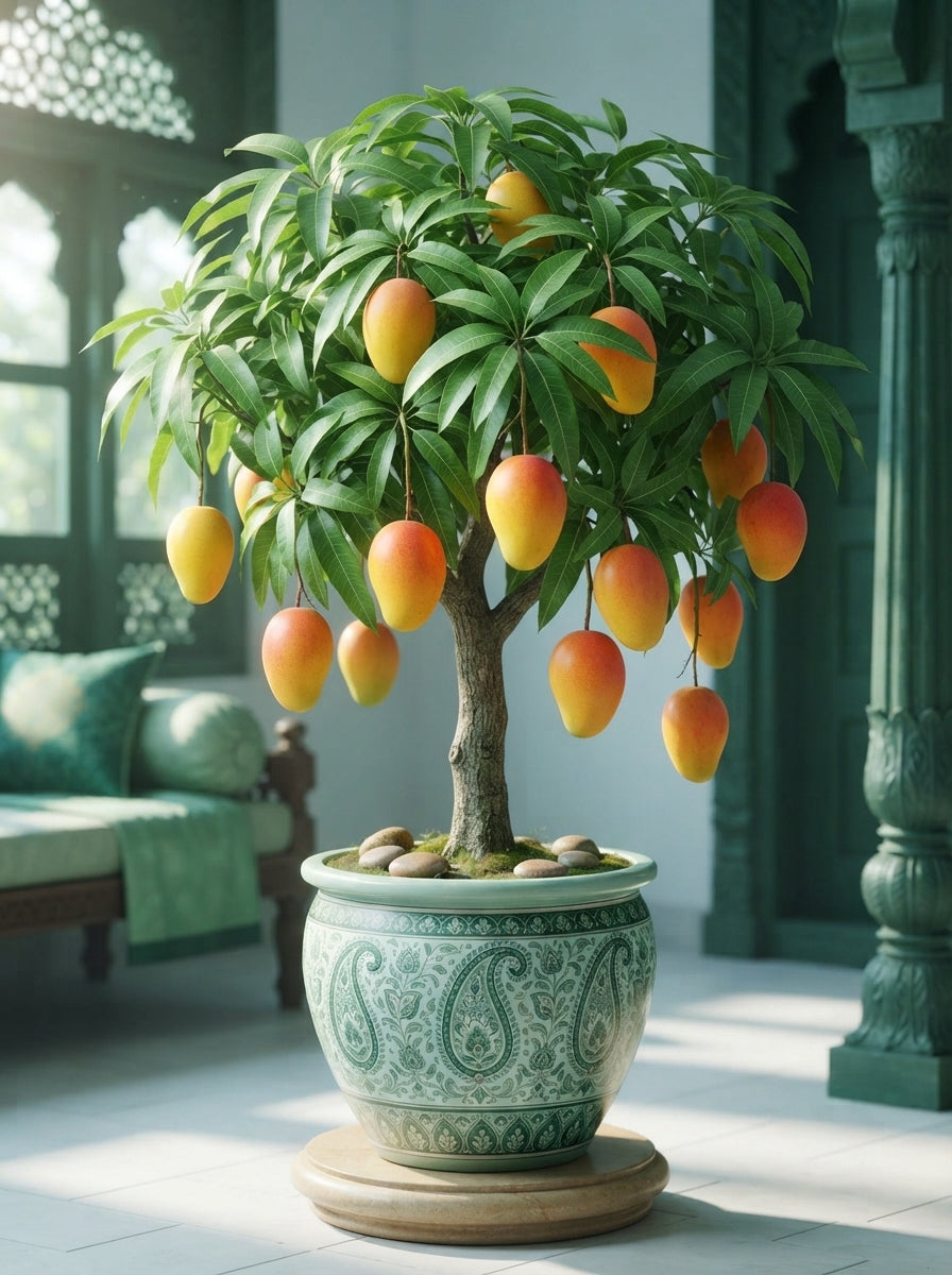 A healthy potted mango tree with ripe fruit placed on a balcony with soft green-toned decor.