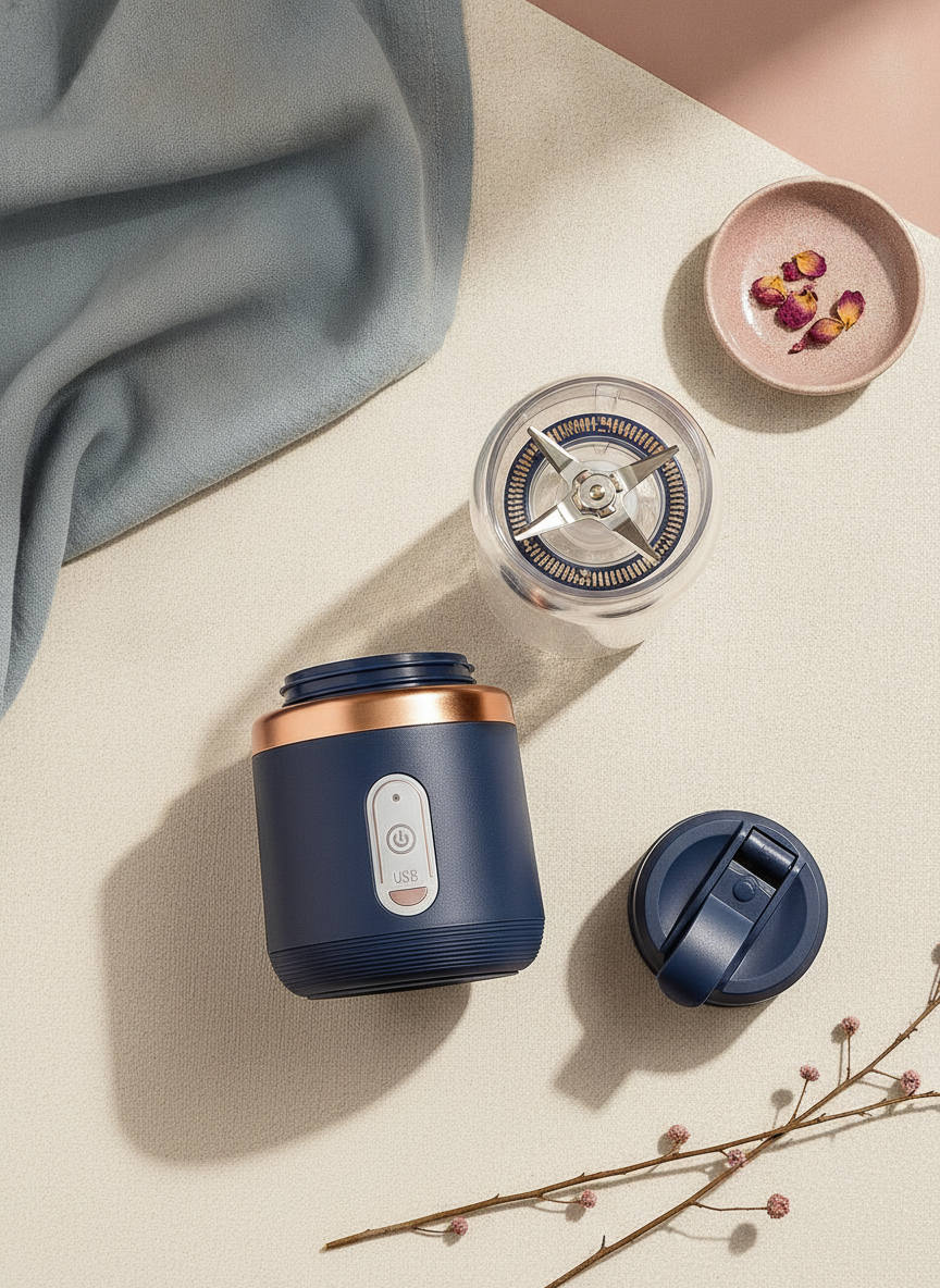 Close-up flat-lay of a deep blue portable blender with rose gold accents, displaying its stainless steel blades on an off-whi