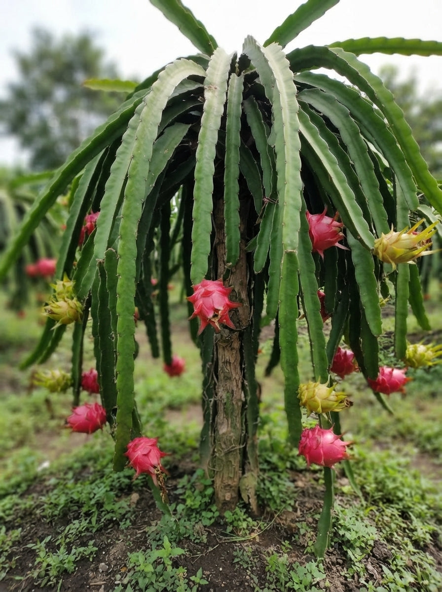 A healthy potted mango tree with ripe fruit in a modern Indian home with green decor elements.